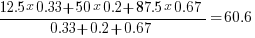 {12.5 x 0.33 + 50 x 0.2 + 87.5 x 0.67}/{0.33 + 0.2 + 0.67} = 60.6