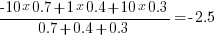 {-10 x 0.7 + 1 x 0.4 + 10 x 0.3}/{0.7 + 0.4 + 0.3} = -2.5
