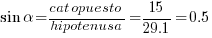 sin alpha = {cat opuesto} / hipotenusa = 15 / 29.1 = 0.5
