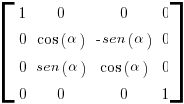 delim{[} { matrix{4}{4}{ 1 0 0 0 0 {cos(alpha)} {-sen(alpha)} 0 0 {sen(alpha)} {cos(alpha)} 0 0 0 0 1 }  } {]}